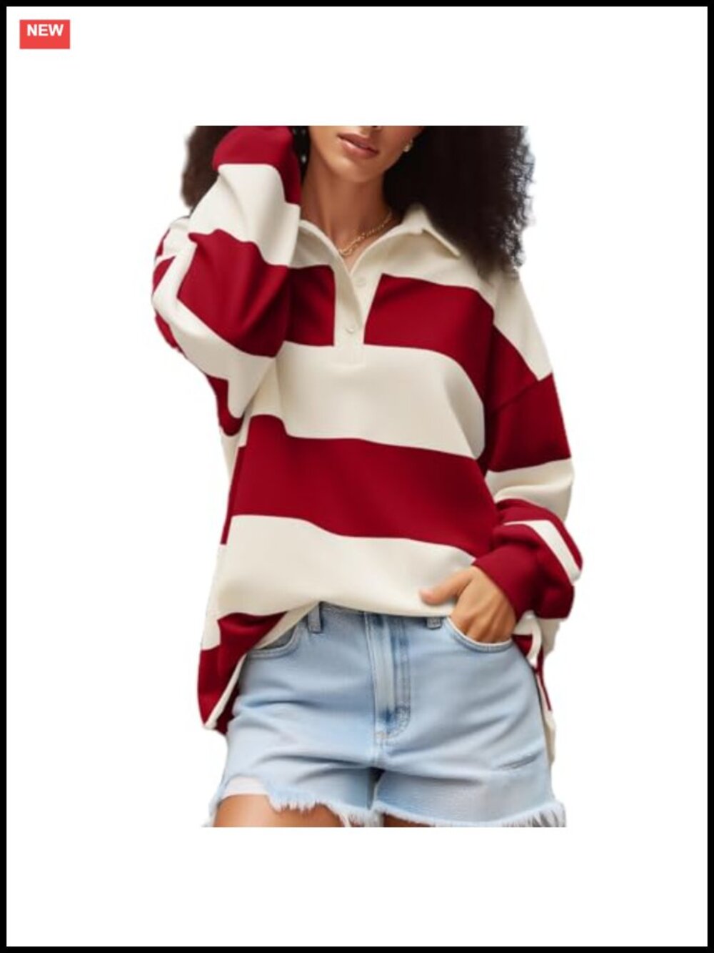 Womens Striped Rugby Polo Oversized Pullover Long Sleeve Vintage Y2k Sweatshirt